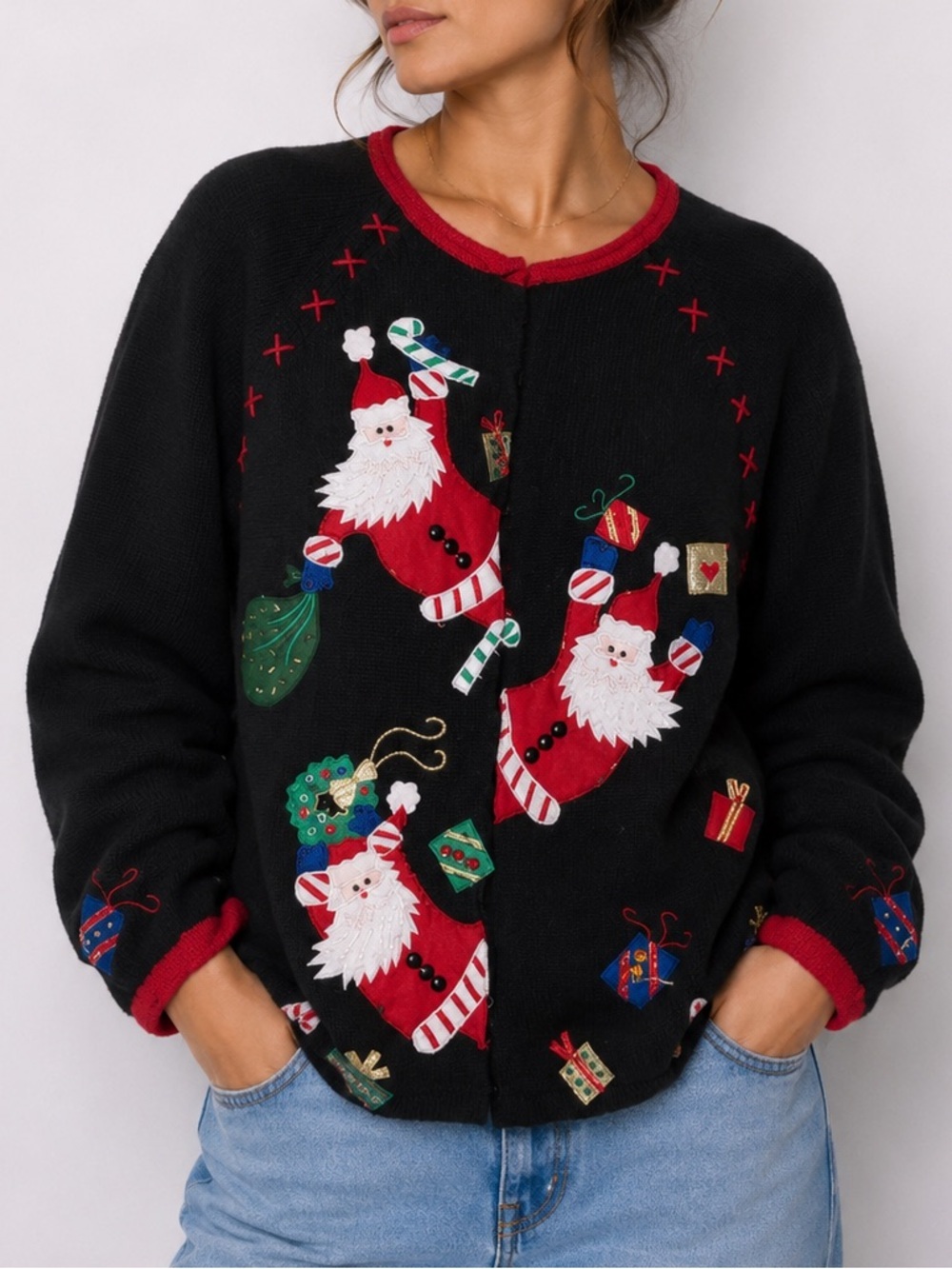 Vintage Sweater Santa Claus Christmas Festival Winter Button Up Size Large